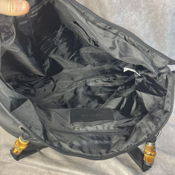 Coldwater Creek Black Polyurethane Hobo Shoulder Bag Purse Bamboo Trim Handles - Picture 4 of 9